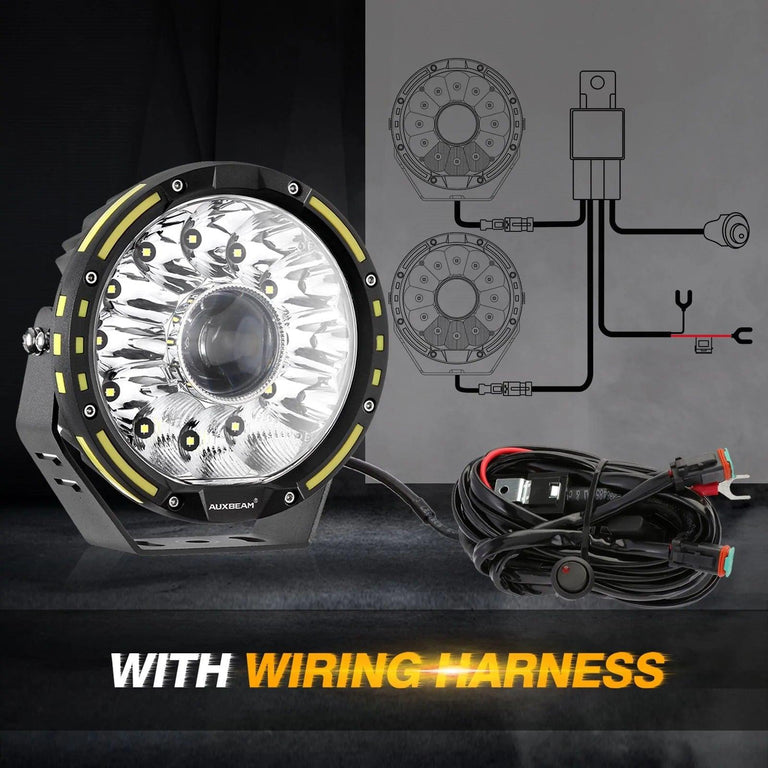 Auxbeam 7-inch 360-PRO LED driving light with DT wiring harness, relay and switch diagram