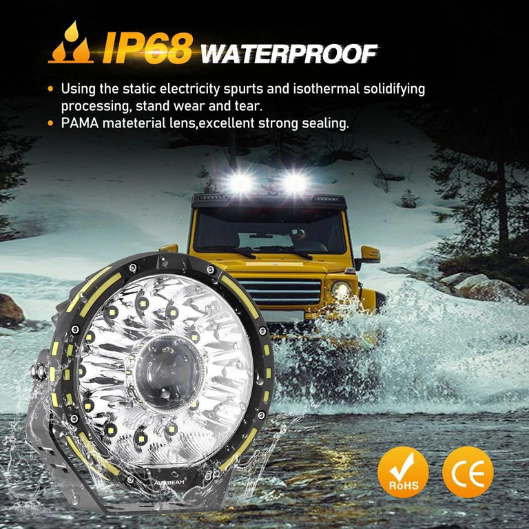 Auxbeam 7-inch 360-PRO LED light splashed with water in front of an SUV, IP68 waterproof with RoHS and CE marks